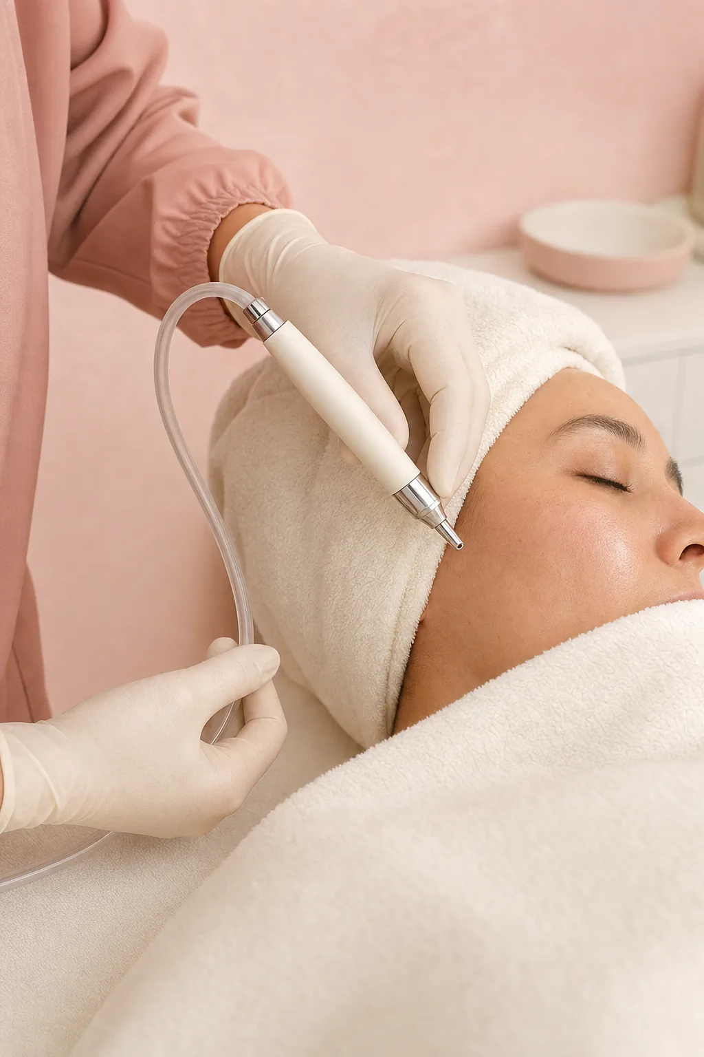 Gloved hands providing a gentle oxygen facial treatment