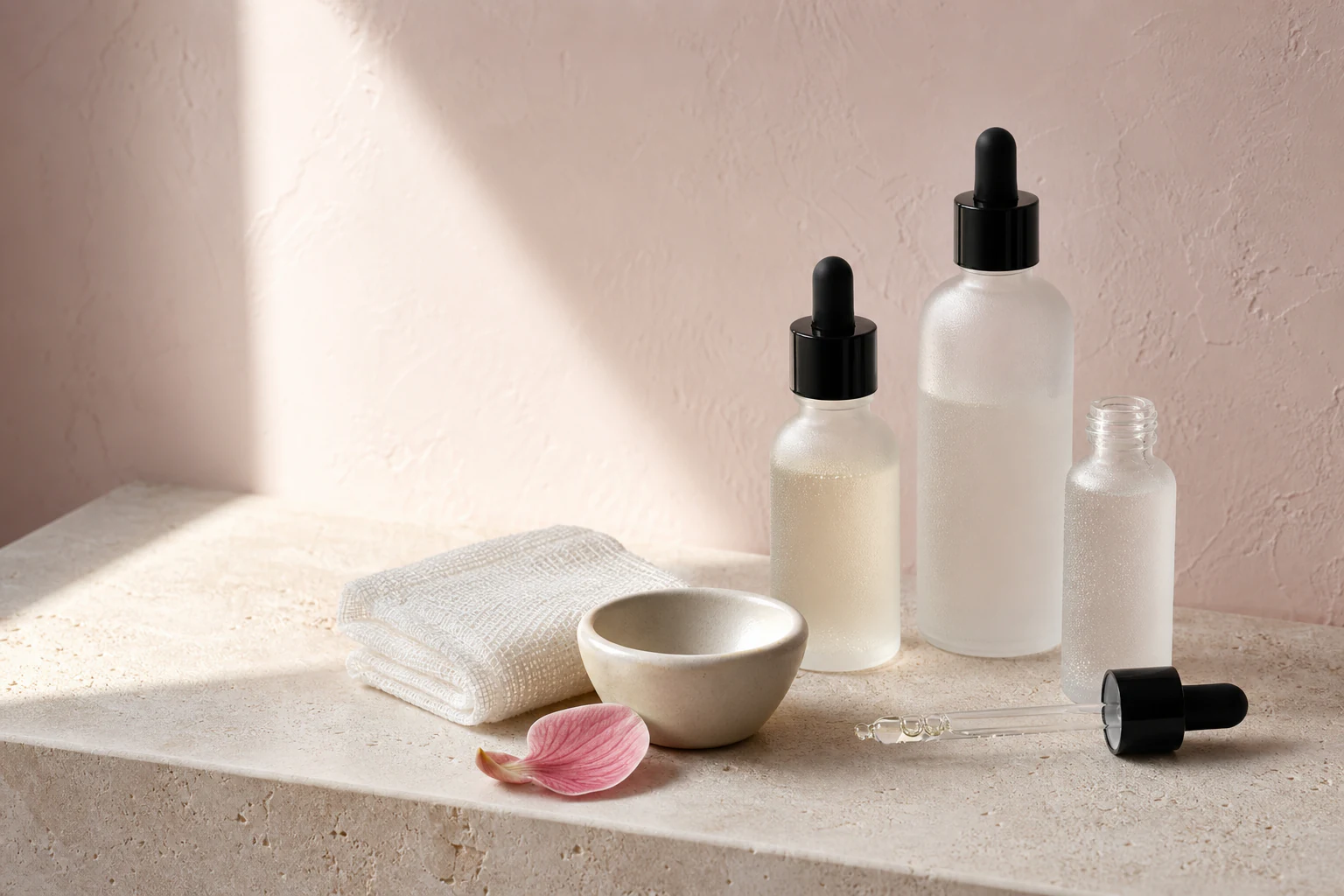 Professional skincare vessels, a ceramic bowl, and a pink orchid petal